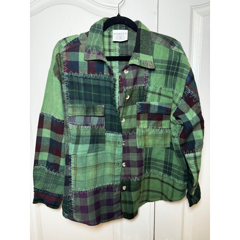 ‼️SALE‼️Bohera Green Patchwork Plaid Flannel Shirt Shacket Zigzag Stitching - Picture 3 of 7